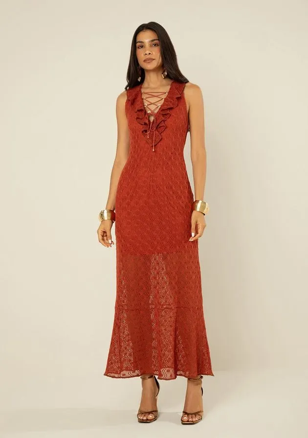 Vestido longo ferrugem rendado — frente